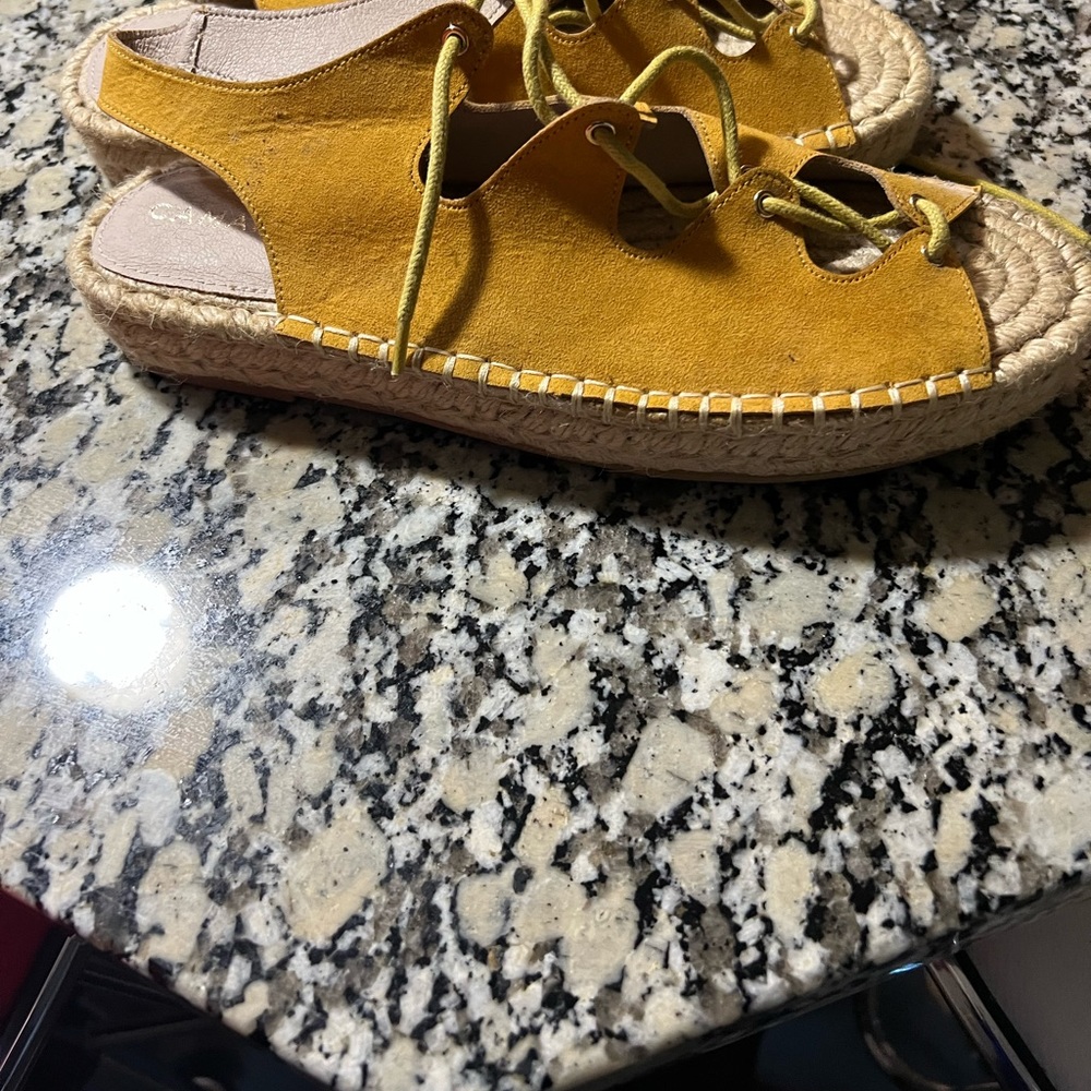 Yellow sandals never worn threaded with lace, bought in Paris